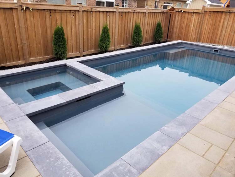 Iribelle Ave, Oshawa Fiberglass Pool and Landscape Project Limitless 30 Graphite Grey with HOT SPA. LIMITED SPACE : WE HAVE THE POOL